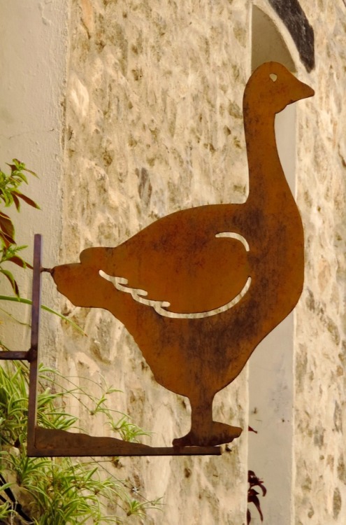 Canard, Apt, Vaucluse, 2016.This lovely, rusted cut metal sign is above a store front which is part 