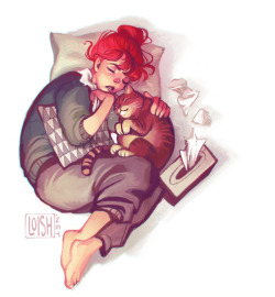 loish:  a drawing to explain my inactivity as of late! after finishing an intensive period of work, my body decided to punish me with the flu. my cat was really digging all the extra cuddlytime and seemed blissfully unaware of my misery. i am now somewhat