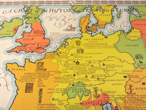 uimapcoll:  This colorful map, A Chart of the History of Printing in Europe, by R. T. Aitchison, was printed in 1931. Printer’s marks are included, as well as different types (and mermaids and sea monsters!).You can see more about printing history