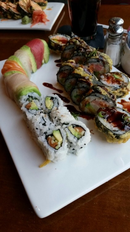 idreamofsushi: Finally got sushi!!! I’m so full, but so happy. Alaska Roll, Rainbow Roll, and 