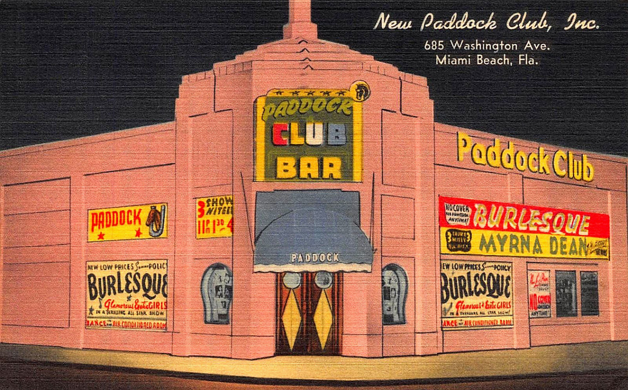 Vintage linen promo postcard dated from 1951 for the famous ‘PADDOCK CLUB’ bar;