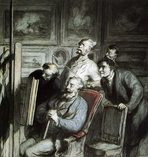 artist-daumier:Visitors in the workshop of a painter, Honore DaumierMedium: gouache,pen,pencil,water