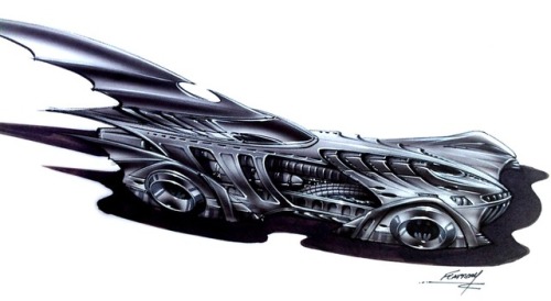 Gigeresque Batmobile designs by Tim Flattery, for Batman Forever (1995 and, last image, Batman Retur