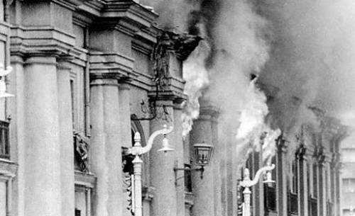 The Chilean Presidential Palace (La Moneda) burns after being bombed by the Chilean Air Force, 1973.