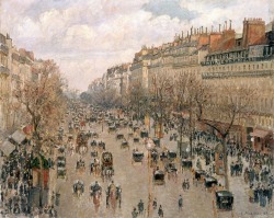 insipit:  Camille Pissarro (1830–1903, France)Boulevard Montmartre series  Pissarro was a Danish-French Impressionist and Neo-Impressionist painter. He studied from great forerunners, including Gustave Courbet and Jean-Baptiste-Camille Corot, then later