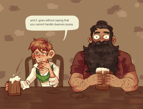 The fourth panel in this comic. Chilchuck slams the mug on the wooden table and wipes his chin with his other hand. Senshi is sitting next to him and he is holding his beer firmly as his eyes are widened in shock and his face is flushed.  Chilchuck says: "And it goes without saying that you cannot handle dwarven pussy."