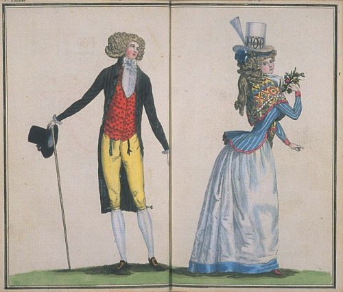 mimicofmodes:Journal de la Mode et du Gout, February 17901. A woman dressed in a dark and light blue