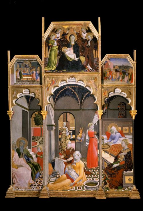 Birth of the Virgin with other Scenes from her Life, tempera and gold leaf on panel painting by the 