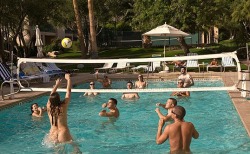 nakedexercise:  nudistresortphotos:  Activity Pool, Desert Sun Resort, Palm Springs, CA.   Naked water volleyball.  Nude Exercise