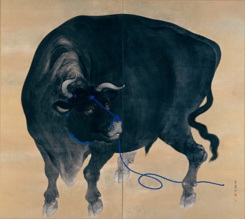 thatsbutterbaby: Gyokusen Mochizuki (1834-1913),  Black Bull.  Ink, colors and gold on pap