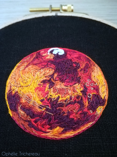 ophelie-trichereau:“Mars”Hand embroidery.13,5 cm in diameter.DMC embroidery threads on linen.Thank