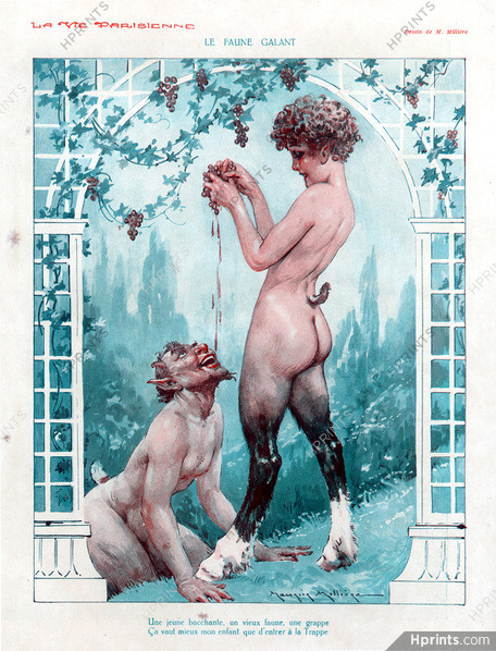 fuckyeahpipesofpan: A Young Bacchante and an Old Faun (1930) by Maurice Milliere