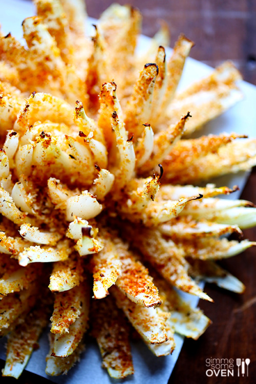 beautifulpicturesofhealthyfood:  Baked Blooming Onion…RECIPE It’s really easy to cut the onion this way - Lay the onion on the cutting board so that the flat side (that you just cut) is facing downward. Then use a knife to section the onion into 16ths,