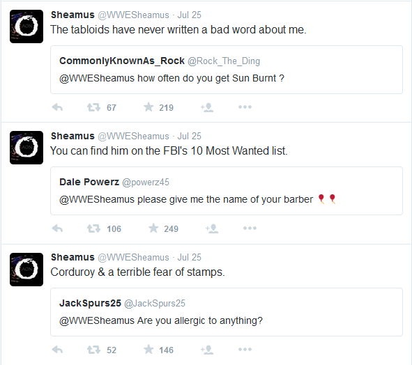 laochxfella-archive: Sheamus and his Q&amp;A tweets on July 25, 2015