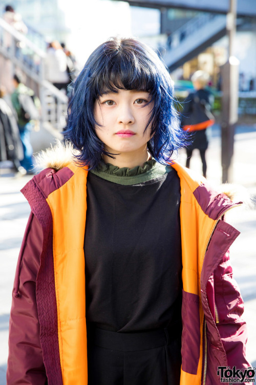 19-year-old Japanese students Aoi, Bunta, and Saya on the street in Harajuku wearing winter looks wi