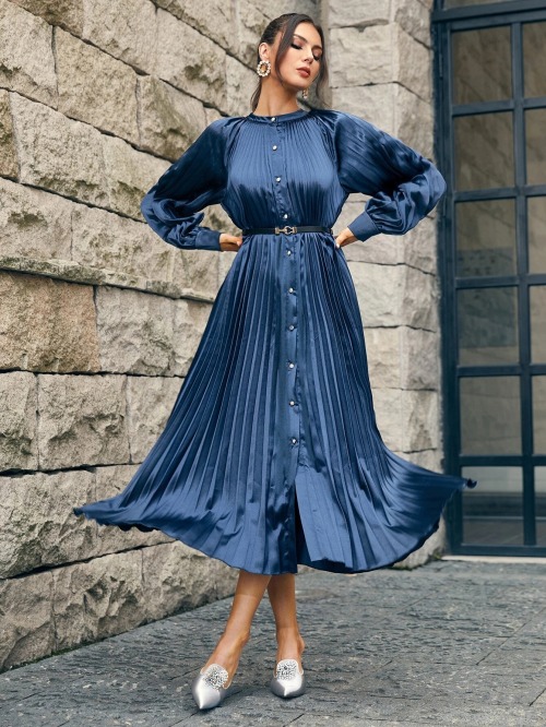 satinwifemelissa:https://eur.shein.com/ Front button through coat dress with pleats to bodice, skirt