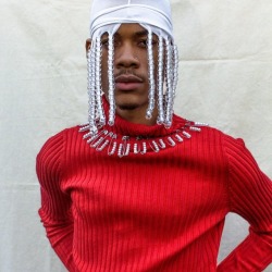 formstar: portraits of my brother @rahquisebowen shot by me styled by me from NOV2017 💌  image description: 1&amp;2. Rahquise in a beaded durag and red ribbed turtleneck embellished w pearls by way of safety pins.  3. Rahquise alongside Twisted Love