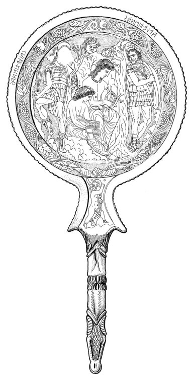 apuleiaprimilla:Bronze circular mirror with engraved scene illustrating an Etruscan legend. Cacu (La