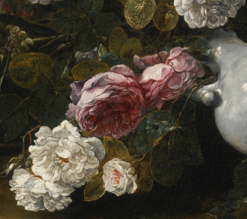 detailsofpaintings: Jan Fyt, Still Life of Flowers with an Overturned Jug (detail)17th century