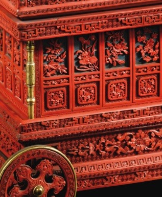 Rare chariot Impérial en laque rouge sculpté Chine, dynastie Qing, époque Qianlong (1736-1795) - Sot