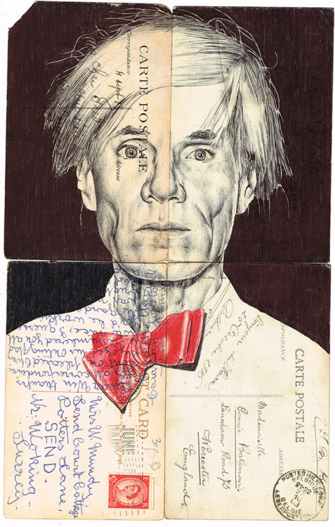 ‘ANDY’ bic biro drawing on a collection of vintage postcards.