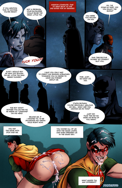 prngroupie:  phaustokingdom:  Batboys 1Pages 9-16Pages 1-8Support me at Patreon   Best gay comic on Tumblr right now! If you’re not following him, you SHOULD!
