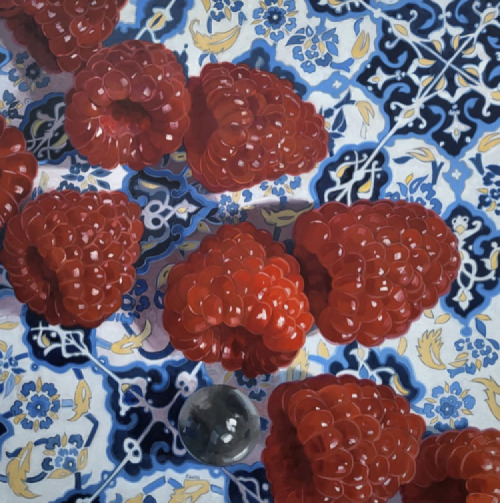 huariqueje:Tumbling Raspberries    -   Jacques SoulasFrench , b.  1957 -Oil on linen , 40  x  40 in. 