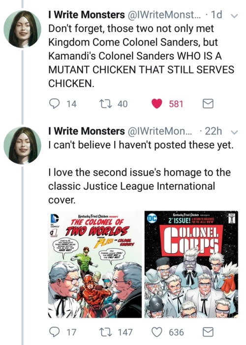 yes-imreallyverypretty: officialoislane: I’ve been telling you all for eons, read the DC/Colonel Sanders crossover stories. They’re wild af  