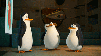 gif from TPoM episode "Goodnight and Good Chuck". the Penguins stand in their HQ; Rico walks around with his flippers to his beak like they are a horn. he stops and does a happy wiggle.