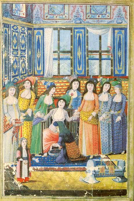 Birth scene in the harem from the Zanan-nameh by Fazil-Yildiz, 1790s.