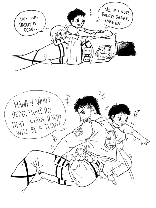 fellow-traveller:  Nothing really special. I just wanted to draw Nile and his kids (can’t draw the third one, because he/she is on the way??) having a good time. Sort of. The kids’ appearance are purely headcanon; unless informed by Isayama, I would