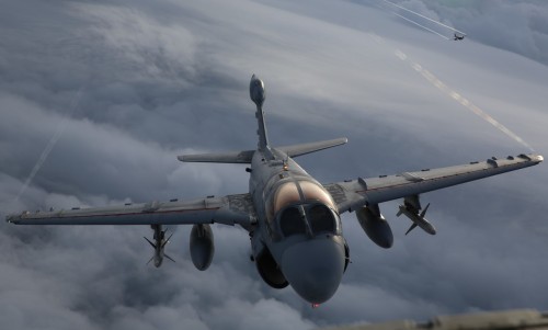 militaryarmament:  Naval aviators with Marine Tactical Electronic Warfare Training Squadron 1 take to the sky in an EA-6B Prowler during routine training above eastern North Carolina, April 14, 2015. 