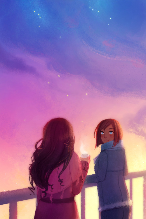 walkingnorth-art:   ”I brought you some tea. I thought you might be cold out here.”  Asami week day 7: Warmth Modern Korrasami + the tea scene :)Korra came out way too tall here, let’s say she’s standing on a box