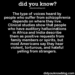 did-you-kno:  The type of voices heard by people who suffer from schizophrenia depends on where they live. Clinical studies show that people who have auditory hallucinations in Africa and India describe them as positive requests from family members or