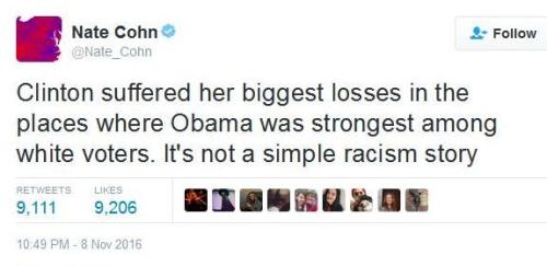 antoine-roquentin:  I was going to write this post whether Clinton won or not, because even before the election it was clear that Trump was going to clean up among working class whites. Right now, exit polling has Clinton at 53% of those who make ฮ,000