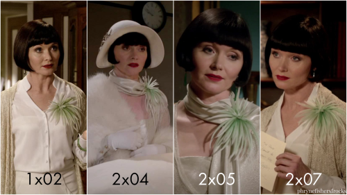 Miss Fisher’s sixth outfit of “Blood at the Wheel” (Season 2, Episode 7), features her classic silk 