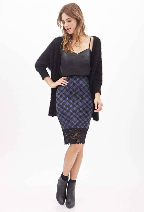 Plaid &amp; Lace Pencil Skirt