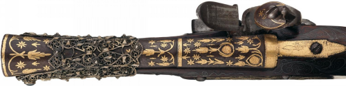 Elaborate Pair of Turkish Flintlock Holster Pistols with Gold Inlaid Accents and Wire Inlaid Stock, 