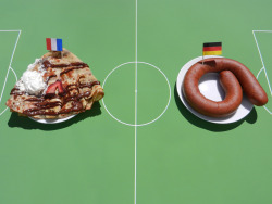creativemornings:  photojojo:  San Francisco-based artist and designer George Zisiadis is imagining this year’s world cup matches in a delightfully tasty way. Zisiadis stages the international matches as one country’s signature dish against the other,