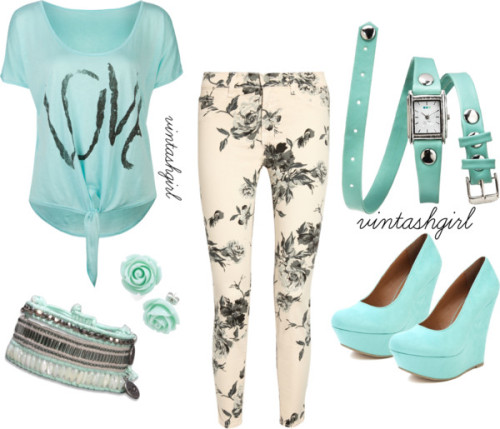 Outfits por vintashgirl con mint green jewelryFull Tilt knit top / J Brand mid-rise jeans, $150 / Su
