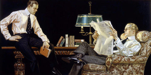 madamehardy:  cigartop:   “Lots of artists can fill their work with aching homosexual tension, but no one else can make the impending sodomy look quite as classy and exquisitely dressed as Leyendecker can.” - source  Before Rockwell, a Gay Artist