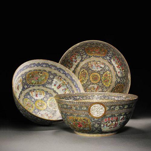 Set of three bowls, China, dated AH 1297 (1879–80) Porcelain, painted enamels, diameters 36.6 to 40 