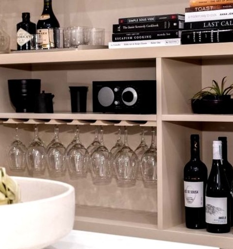 Single Wall In VancouverSmall Minimalist Single-wall Home Bar Photo With Open Cabinets And Beige Cabinets