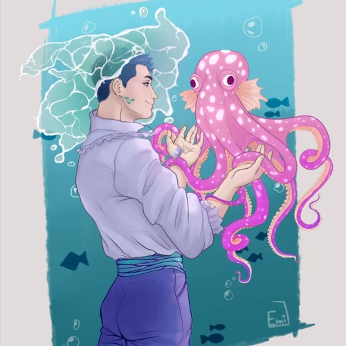 Water witch and his familiar  #myart #digitalart #witchsona #witch #water #blue #octopus #pink #wate