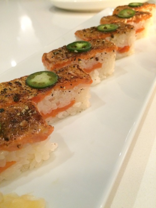 Aburi salmon, various nigiri and green tea something dessert at Miku The aburi (blowtorched) sushi w