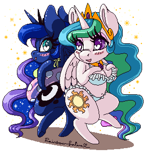 rainbowsaliva:Wanted to make something cute and summer related thing rather quickly, therefore used an ages old sketch of princess Celestia and Luna in bikini ready to hit the beach and waves ~ Personally I don’t like how Celestia’s face looks, more