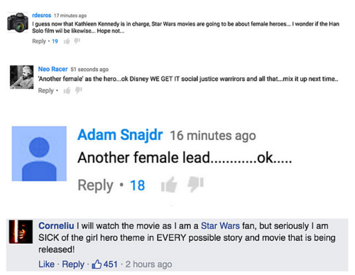 lunadax:  the-navel-treatment:  ex0skeletay:  My favorite one is, “come on Star Wars be original,” as if putting a man in the lead would be cutting edge stuff. Anyway…  Oh yes It must be so annoying When the leads of many different movies Look exactly