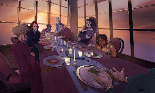 Dinner party! Everyone disliked that.[ id: illustration of the dinner scene from critical role episo