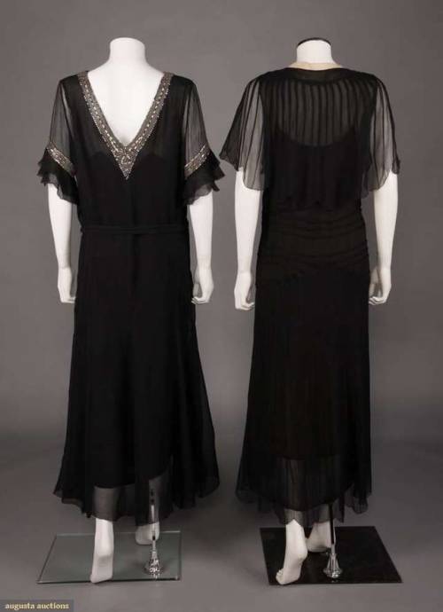 TWO BLACK CHIFFON EVENING GOWNS, 1930s2 early 1930s black chiffon evening dresses: 1 w/ crystal bead