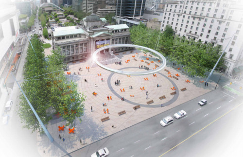 minimalmodernist:  Vancouver Art Gallery Plaza Redesign This bold design calls for an enormous metallic halo to be suspended over a flat, open plaza. The halo would be equipped with lighting to accommodate the various events staged in the space.